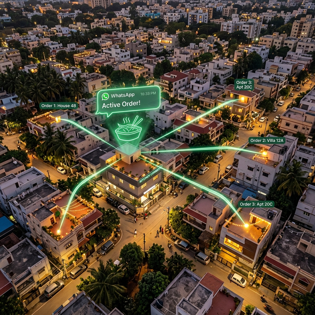 Beautiful Indian residential city neighborhood drone view showing cloud kitchen building and repeated customer order dispatches via glowing green lines