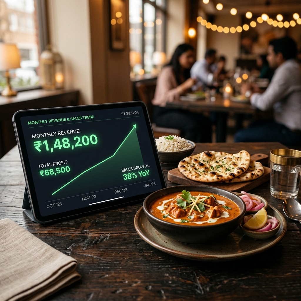 Sleek active tablet showing profit increasing line graph and sales metrics in Indian Rupees (INR, ₹) on restaurant table next to gourmet dish