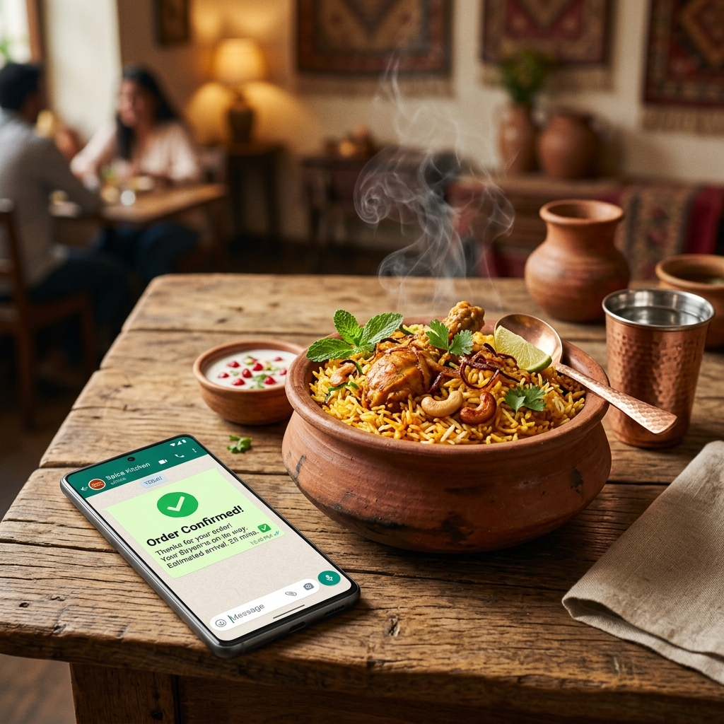 Mouth-watering Gourmet Indian Biryani next to a smartphone showing WhatsApp ordering